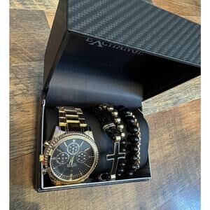 American Exchange Mens Bracelet And Watch Set New Shiny Gold Tone Metal - AS IS